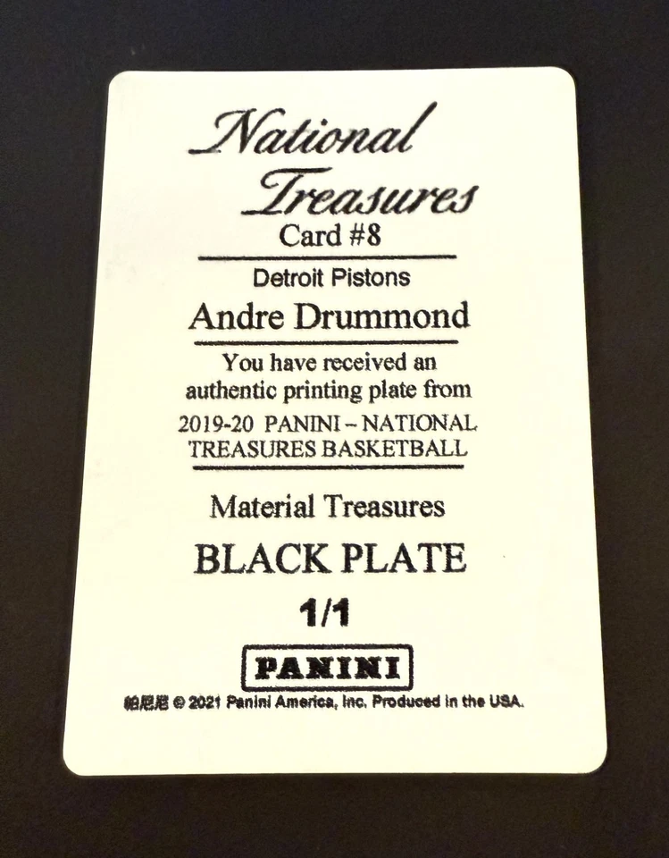 2019-20 Panini National Treasures Andre Drummond Black Printing Plate 1/1 CARD - Image 2 of 2