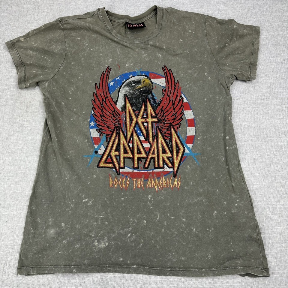 def leppard Tshirt Womens Small Olive Green Distressed Faded Band Tee Concert