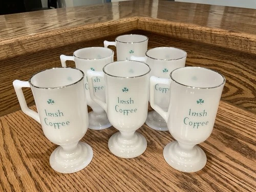 Vintage Lot Of 6 Shamrock Milk Glass Irish Coffee Pedestal Mugs 5 1/2" Tall