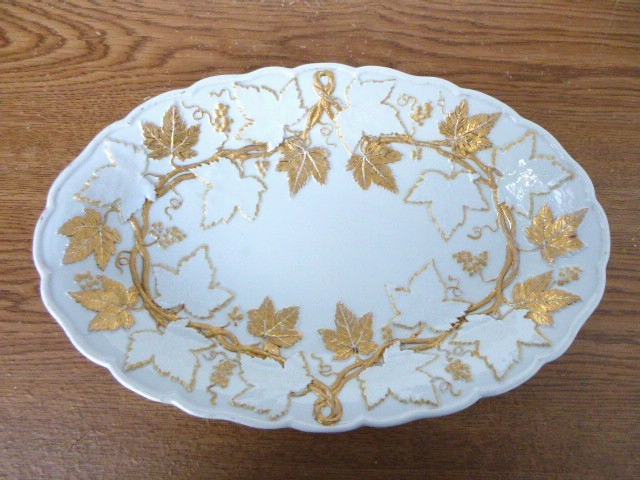Antique MEISSEN Gold Grape Vine Oval Footed Porcelain Serving