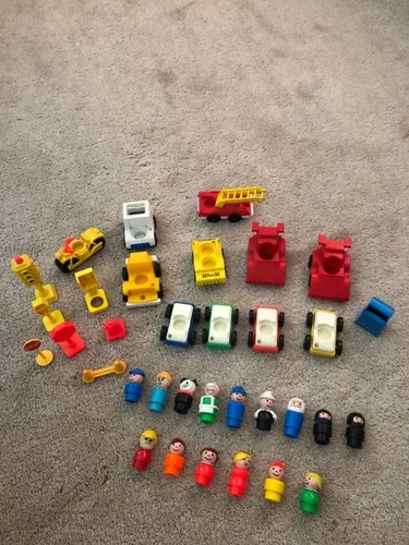 Vintage Fisher Price Lot Little People and Vehicles 34 Pieces As Pictured