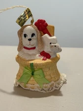 Caring Critter Chimers Bisque Porcelain Christmas Bell Ornament-Puppy In Basket