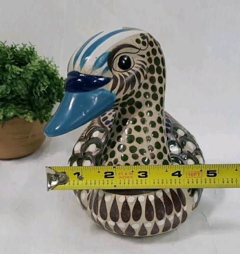 Vintage Tonala Mexico Folk Art Pottery Large Duck Hand Painted Artist Signed 8" - Picture 13 of 14
