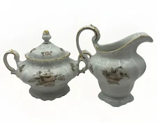 Vintage Johann Haviland Sepia Rose Cream & Sugar Set Pink & Brown Bavaria MCM