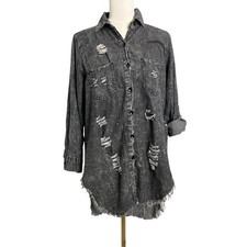 Thrill Jeans Shirt Dress Womens Large Gray Distressed Blessed Grateful Thankful