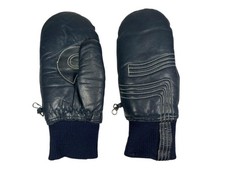 Vtg 80s 90s GRANDOE Blue Warm GENUINE-LEATHER WINTER MITTENS Ski Gloves Women M