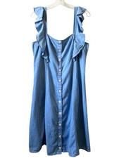 MADEWELL Denim Princess Seamed Midi Dress Sz 12 Ruffle Straps Buttons Chambray