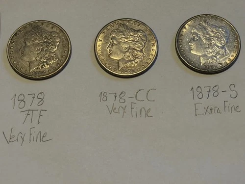 1878 Morgan Silver Dollar Lot - S, CC, P - 7 Tail Feathers - VF&XF