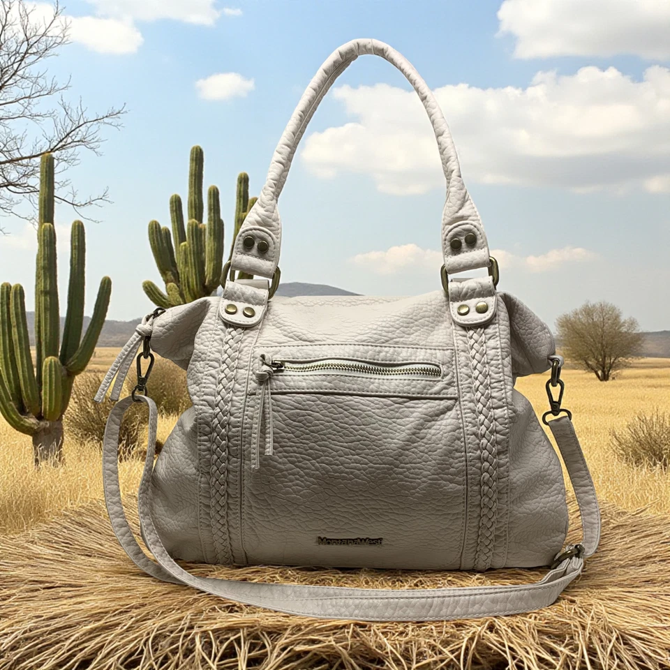 Montana West Vegano Cuero Guijarro Crema Doble Asa Bolso de Hombro Cartera Foto 2 de 4