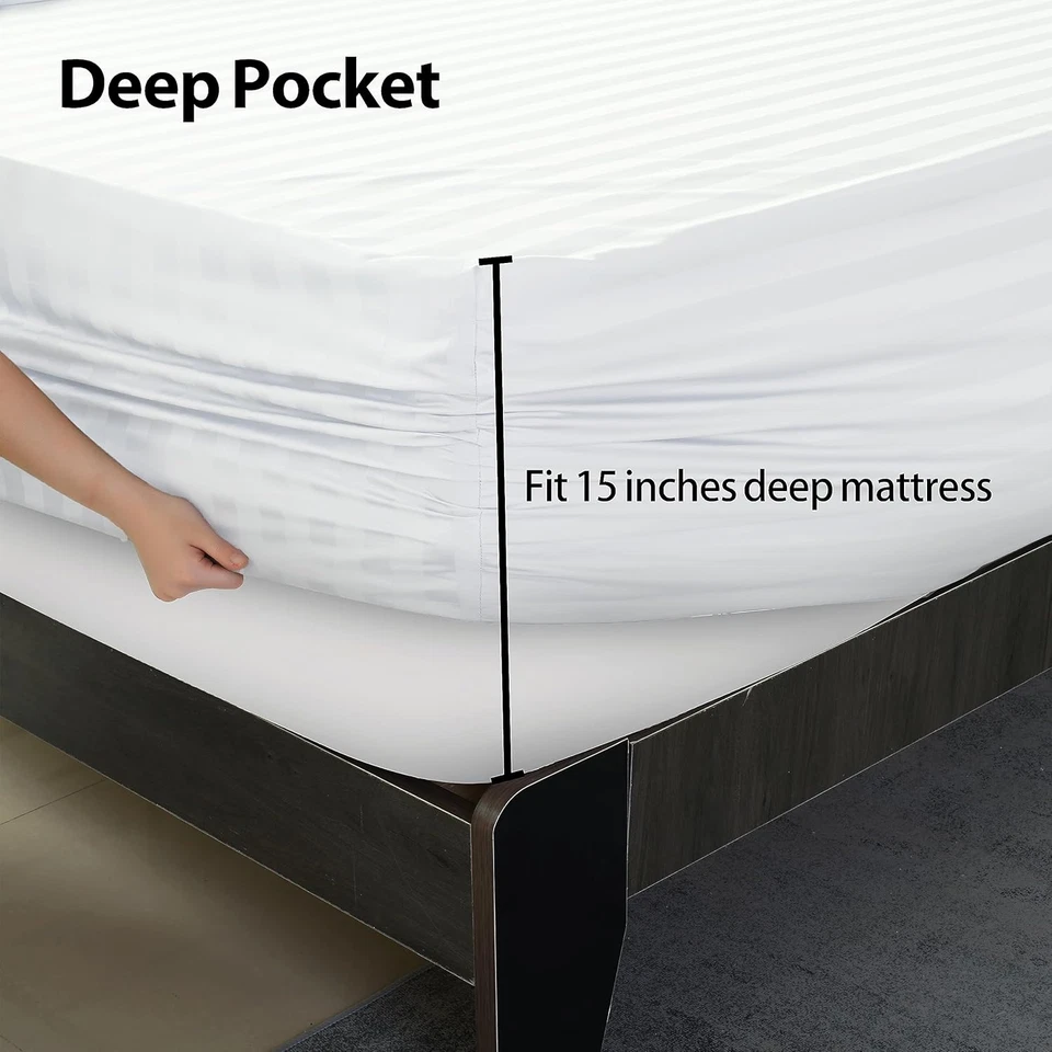 California King Size Striped Fitted Sheet Only White Color, 100% Egyptian Cotton - Image 4 of 4