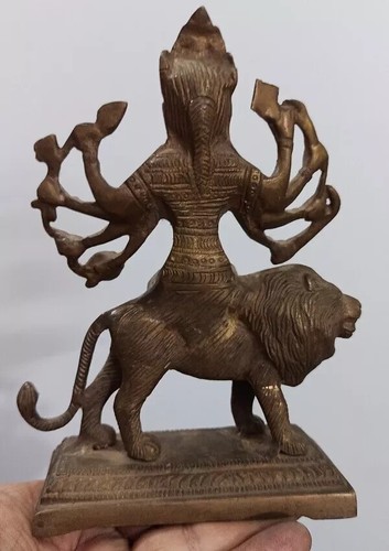 Antique Old Indian Ritual Tribal Brass Bronze of DURGA ON LION SHERAWALI Statue - Picture 4 of 4