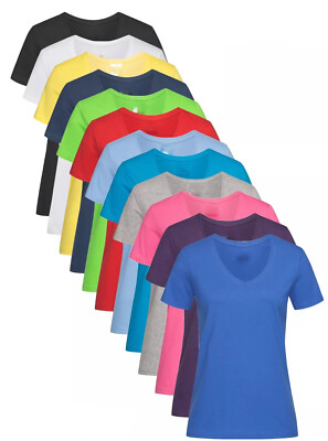 Damen Langarm Kurzarm V Halsausschnitt T-Shirt Bluse Top Basis Unifarbe Slim Fit