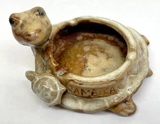 Vintage Pottery Turtle With Baby Ashtray Mid Century Mottled Colors JAMAICA