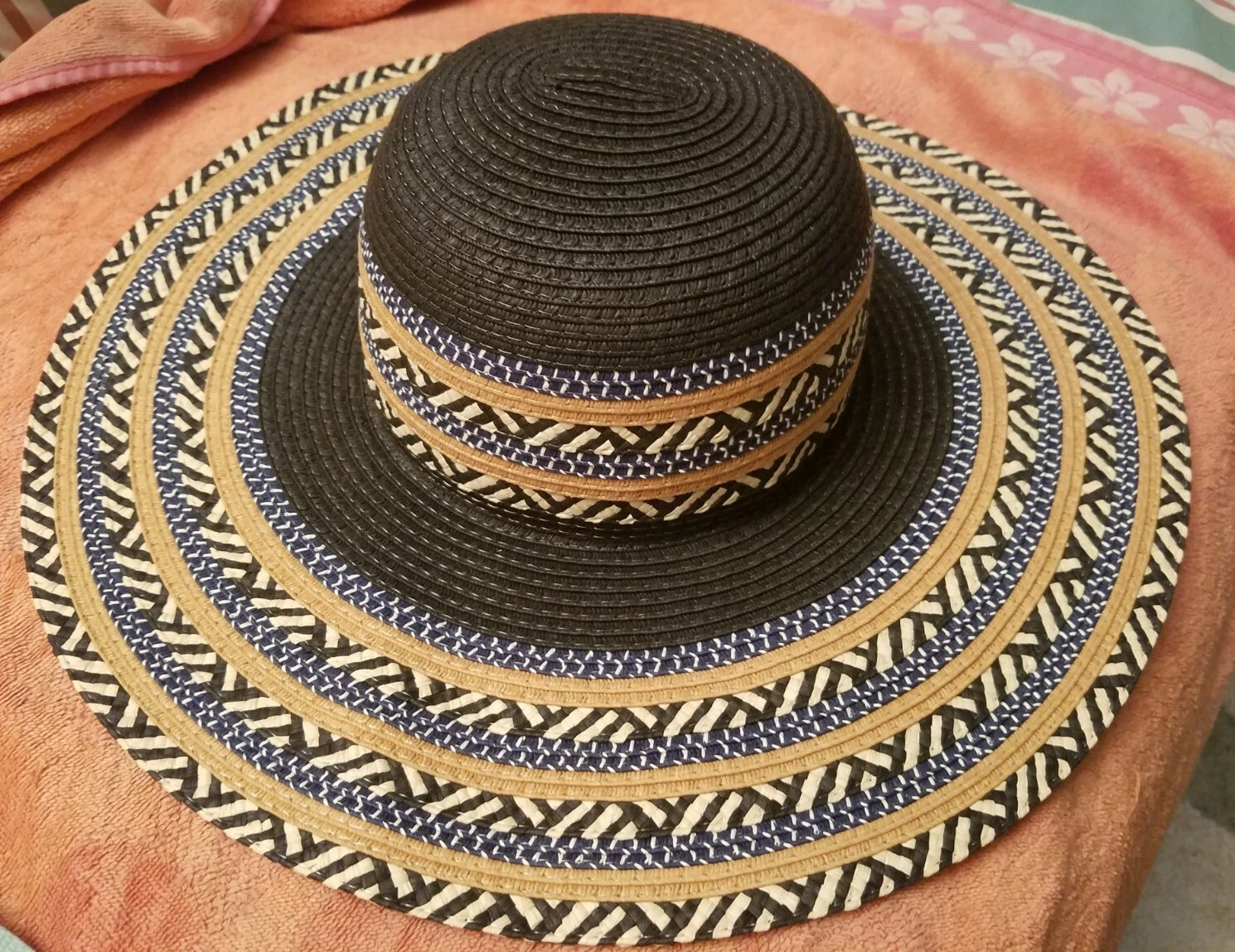 NWT Twig & Arrow Straw Hat Sun Wide Brim Tropical New Blue Tan Beige Summer