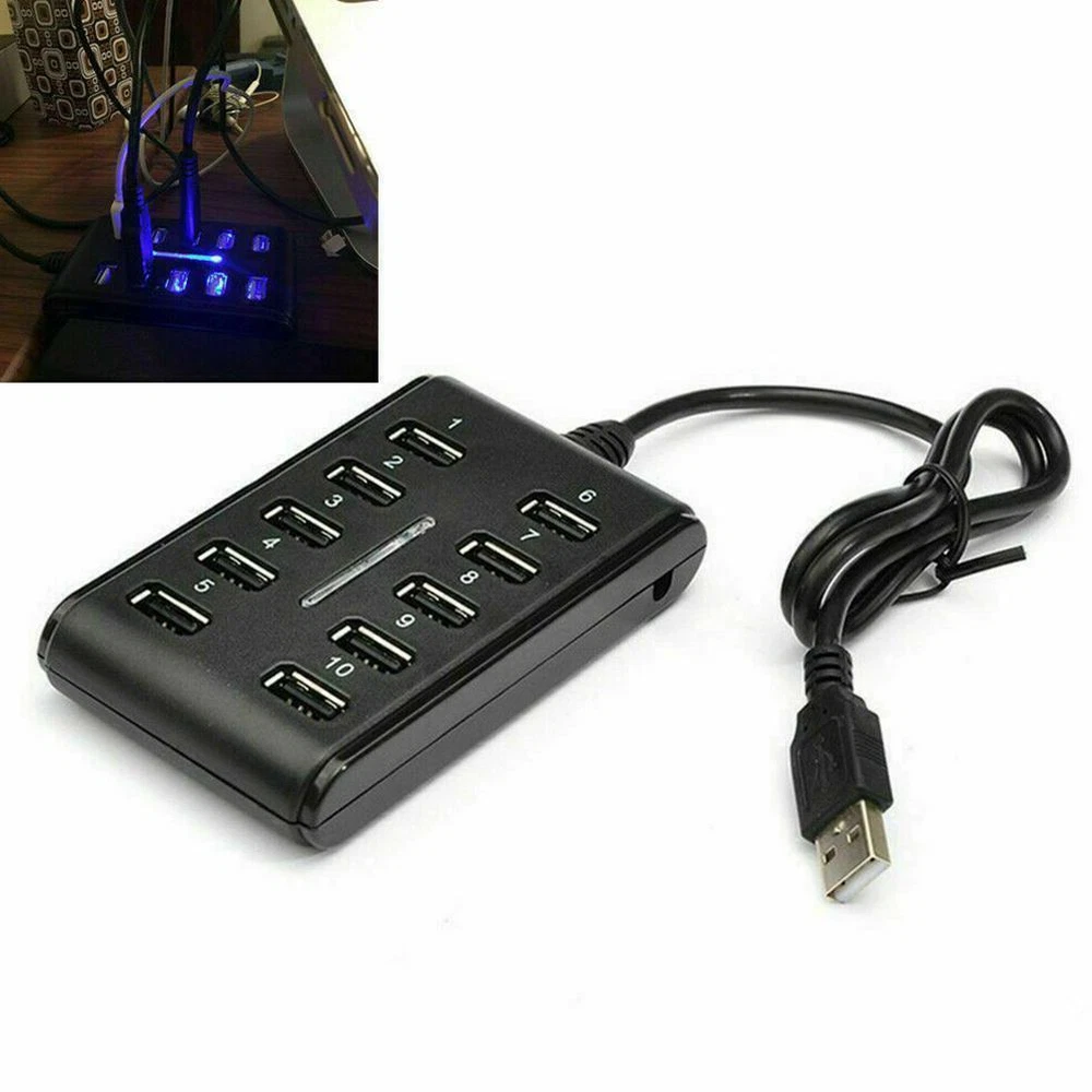10-Port USB 2.0 Hub High-Speed Splitter for PC Laptop Expansion