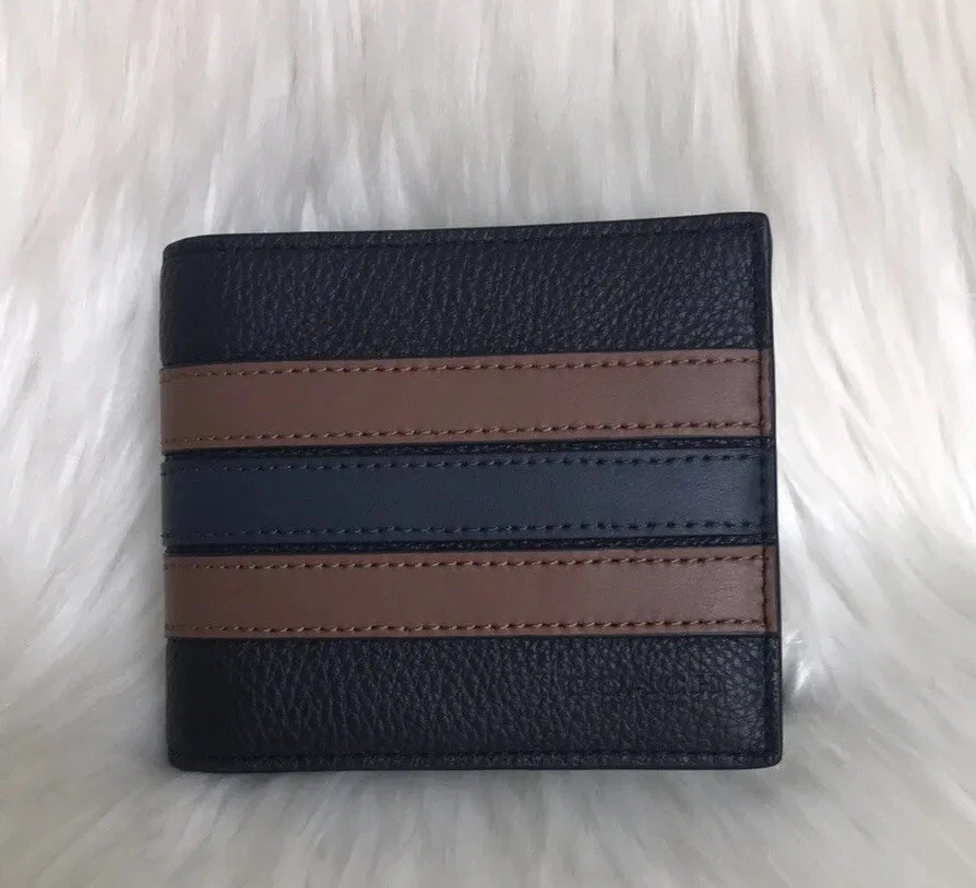 Coach Men's 3-In-1 Wallet In Refined Pebble Leather With Varsity Stripe  (Black Saddle - Midnight)