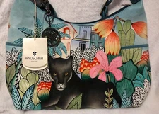 ANUSCHKA VILLAGE PANTHER HAND PAINTED LEATHER Oversized Hobo w/Side Pockets