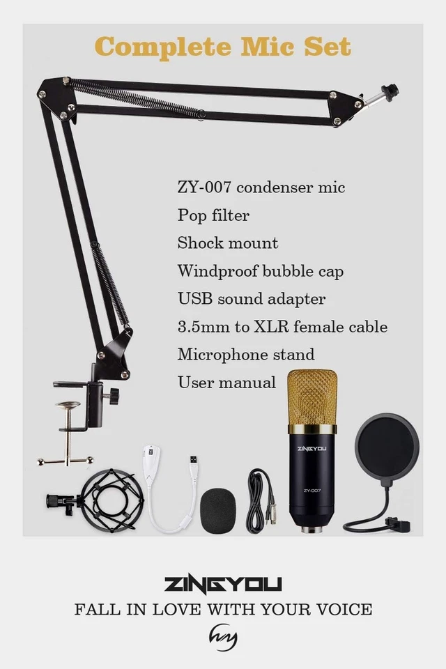 ZINGYOU Condenser Microphone Bundle, ZY-007 Professional Cardioid Studio Mic - Image 3 of 4