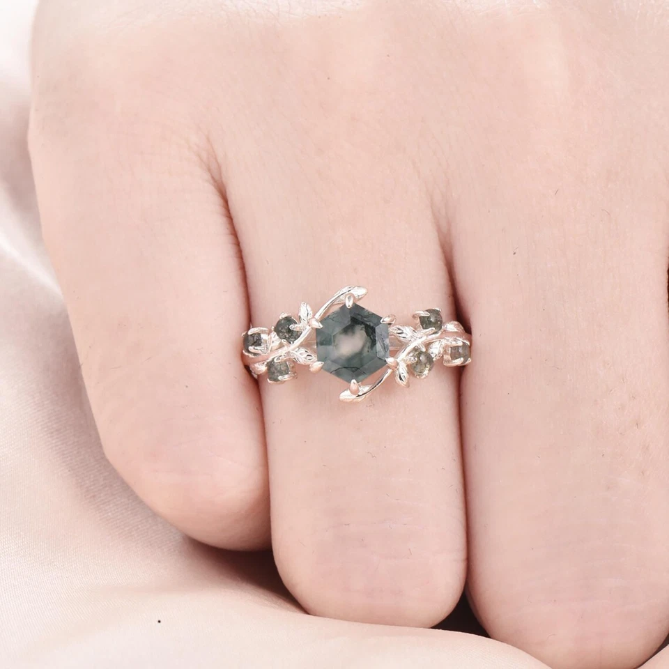Anillo de boda con piedras preciosas de ágata musgo corte hexagonal enchapado en oro rosa de plata esterlina 925 Foto 4 de 4