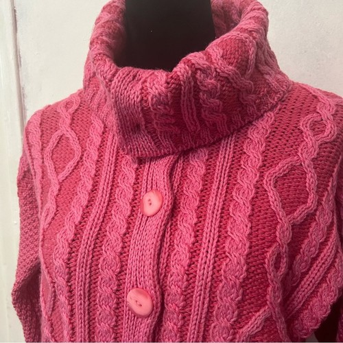 Aran Crafts Women’s Merino Wool Ireland Fisherman Cableknit Button Pink Small - Picture 2 of 9