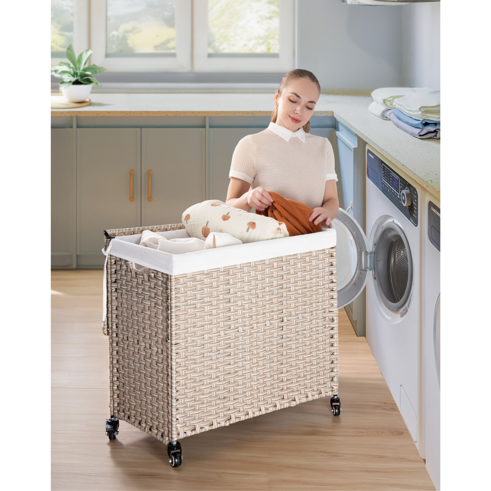 PE Rattan Laundry Hamper with Lid 160L Gray Powder Coated Frame-image