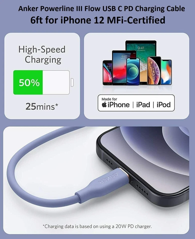 Anker Powerline III Flow USB C PD Charging Cable 6ft for iPhone 12 MFi-Certified - Image 2 of 4