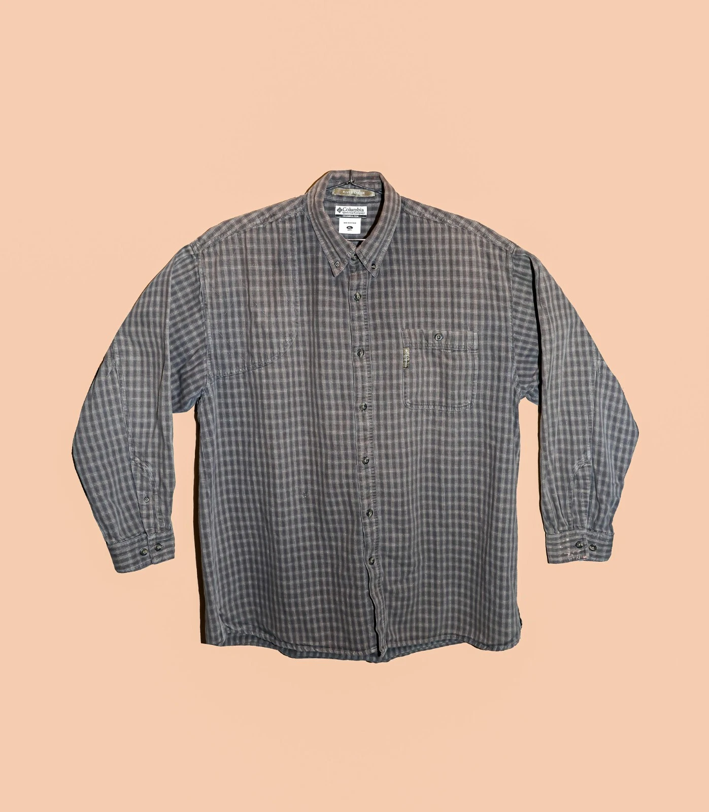 Columbia Gray Bege Plaid Flannel Collared Long Sleeve Shirt Size XL Distressed