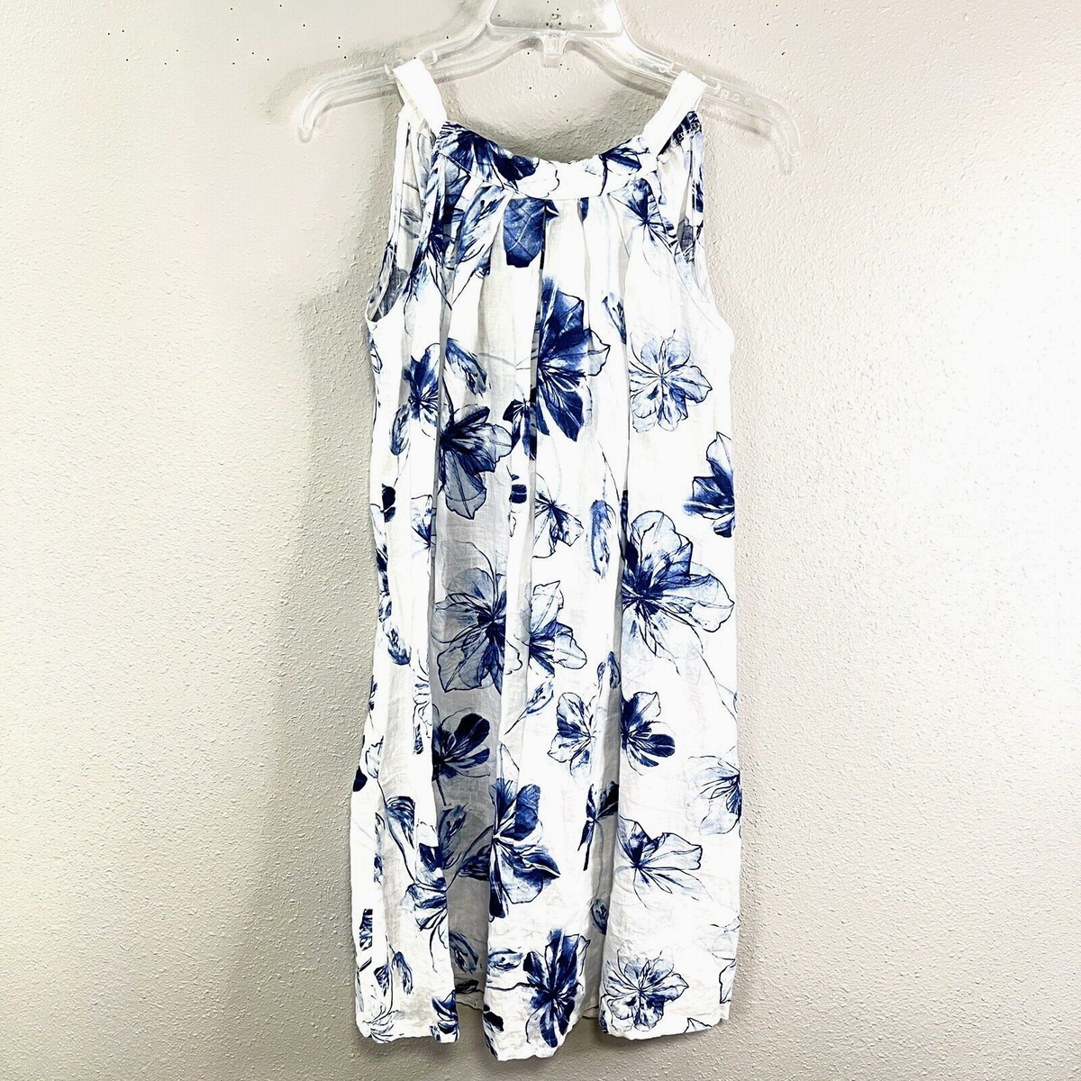 BELLAMBIA Linen Dress Womens XS Halter Back White Blue Floral Made in Italy
