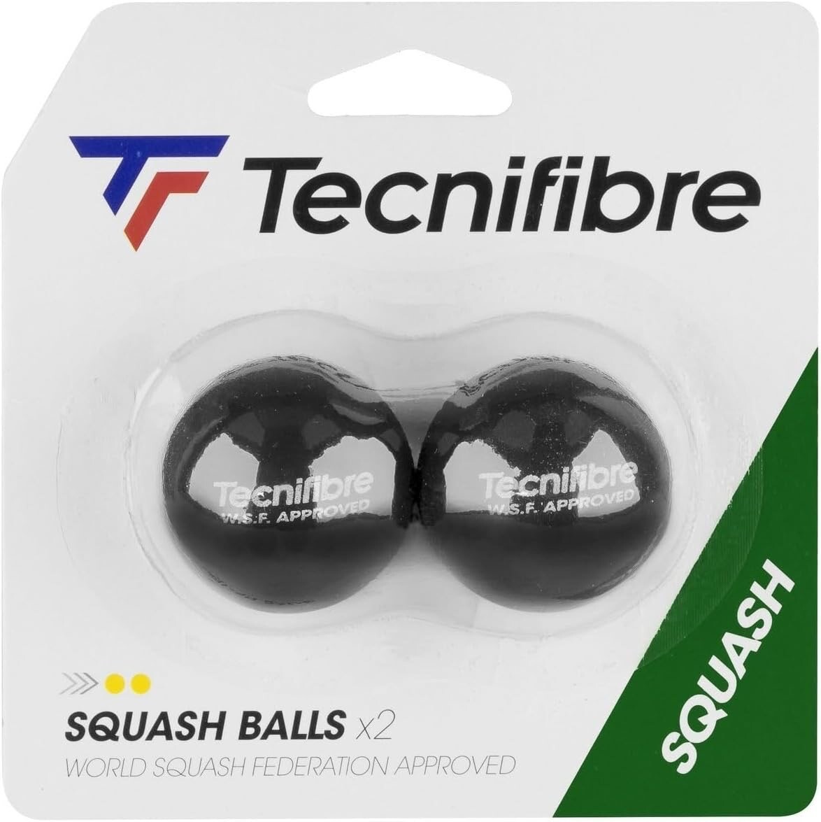 TECNIFIBRE SQUASH BALL - DOUBLE YELLOW DOT - PACK OF 2 BALLS - BLACK