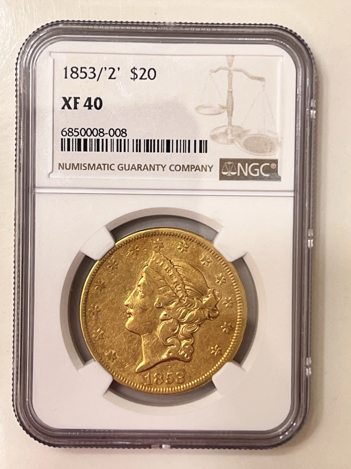 1853/'2' $20 PCGS XF40- Liberty Head $20 - Scarce Overdate Variety