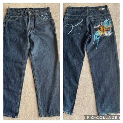 VTG 90-s ECKO UNLTD Rhino Embroidered Graffiti Straight Denim Jeans 34 x 31 Read