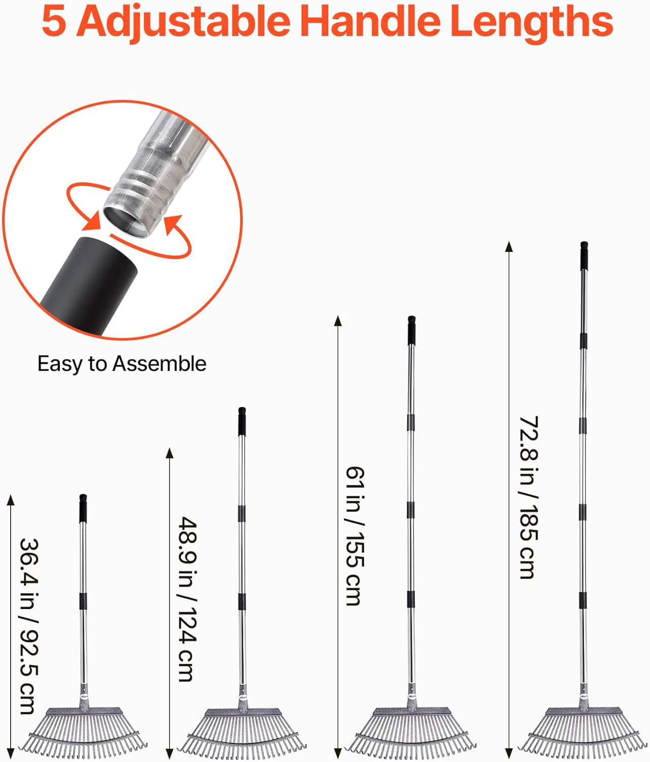 Leaf Rake, 25 Metal Tines, Adjustable Garden Rake for Lawns with 18.3 Inch Wide