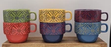 Set of 6 World Market Multicolor Stoneware Stacking Coffee/Tea Mugs with Rack