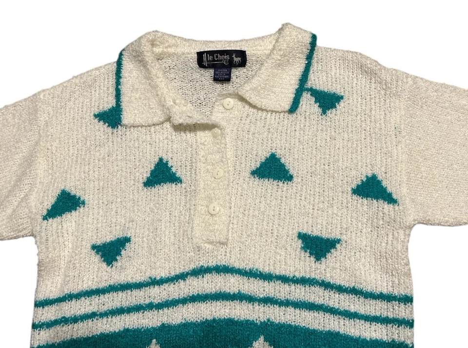 Vintage 80s Knit Acrylic Polo Shirt Top Womens M Short Sleeve White Grandmacore - Image 2 of 4