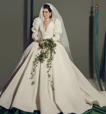 Vintage Princess Wedding Dresses Deep V-Neck Long Puff Sleeves Satin Ball Gown