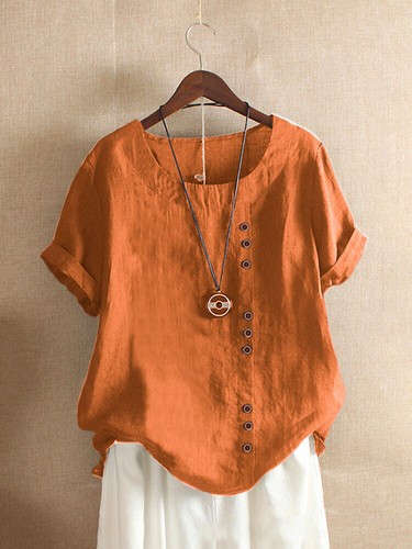 Damen Kurzarm Solide Tops Damen Baumwolle Leinen Freizeit Shirt Lose Bluse T-Shirts - Bild 15 von 42