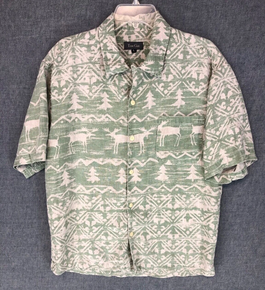 Vintage True Grit Moose Traders Shirt L Large Button Up Short Sleeve Linen Mens - Imagem 2 de 4