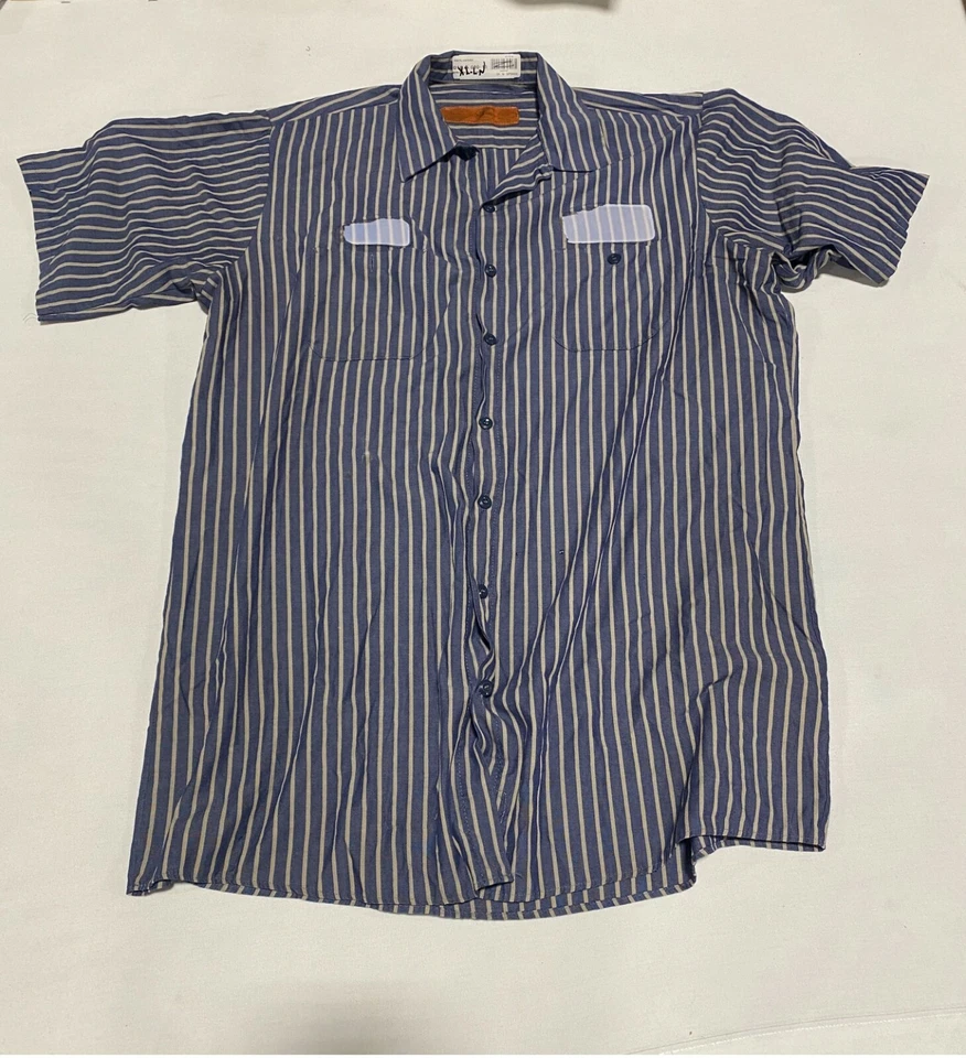 Striped Red Kap Industrial Work Shirt Used Uniform Stripe Stripes Blue Red Brown - Image 2 of 4