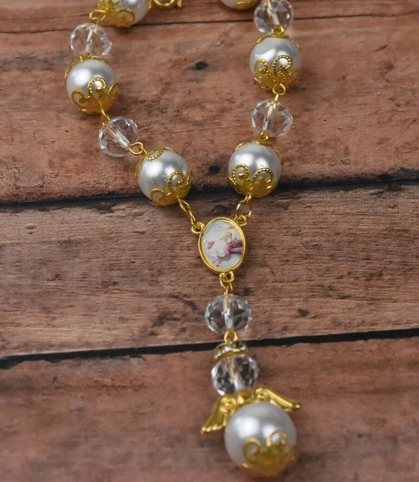 12 X ROSARIES BAPTISM FAVORS RECUERDOS BAUTIZO PARTY WHITE CLEAR GOLD BEADS - Image 3 of 4