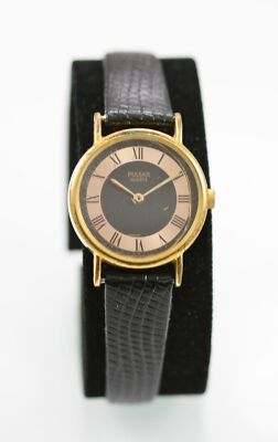 Pulsar Uhr Damen Gold Edelstahl Leder Schwarz Batterie Wasser RES QUARZ