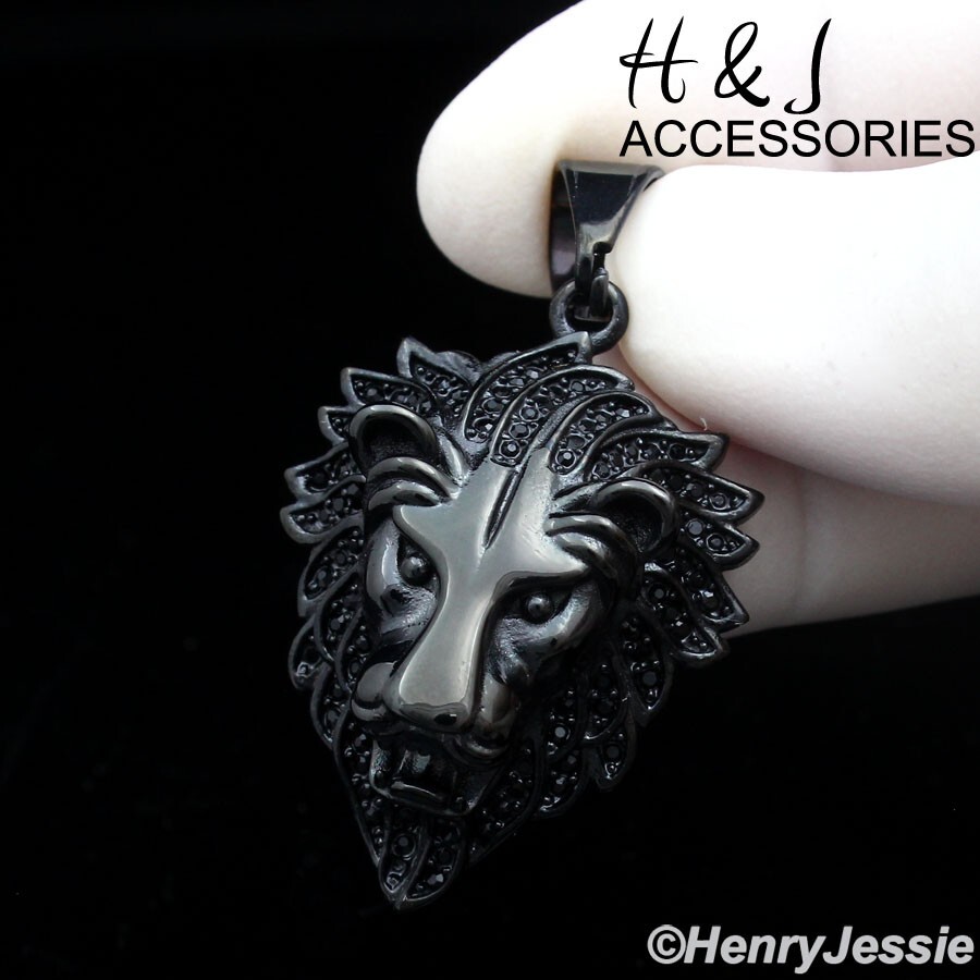 MEN's Stainless Steel ICY Bling CZ 3D Black Plated Lion Head