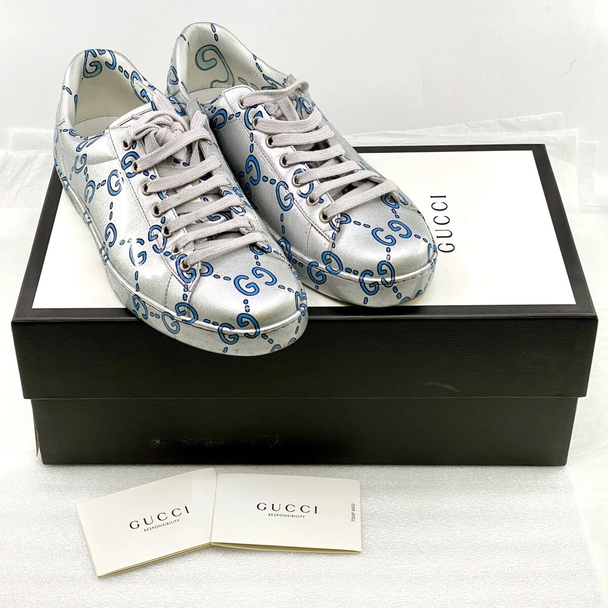 Baskets en caoutchouc cire argent Gucci Ace Low GG monogramme Miro US hommes 7,5 (LO1007833)