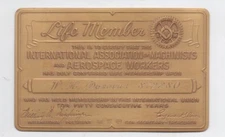  Brass 50 Year Life Membership Card Int'l Asso of Machinists & Aerospace Workers