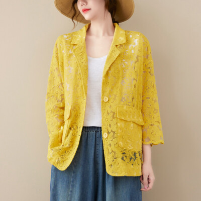 Lady Lace Embroidery Coat Blazer Suit Jacket Tops Thin Oversized Casual  Summer
