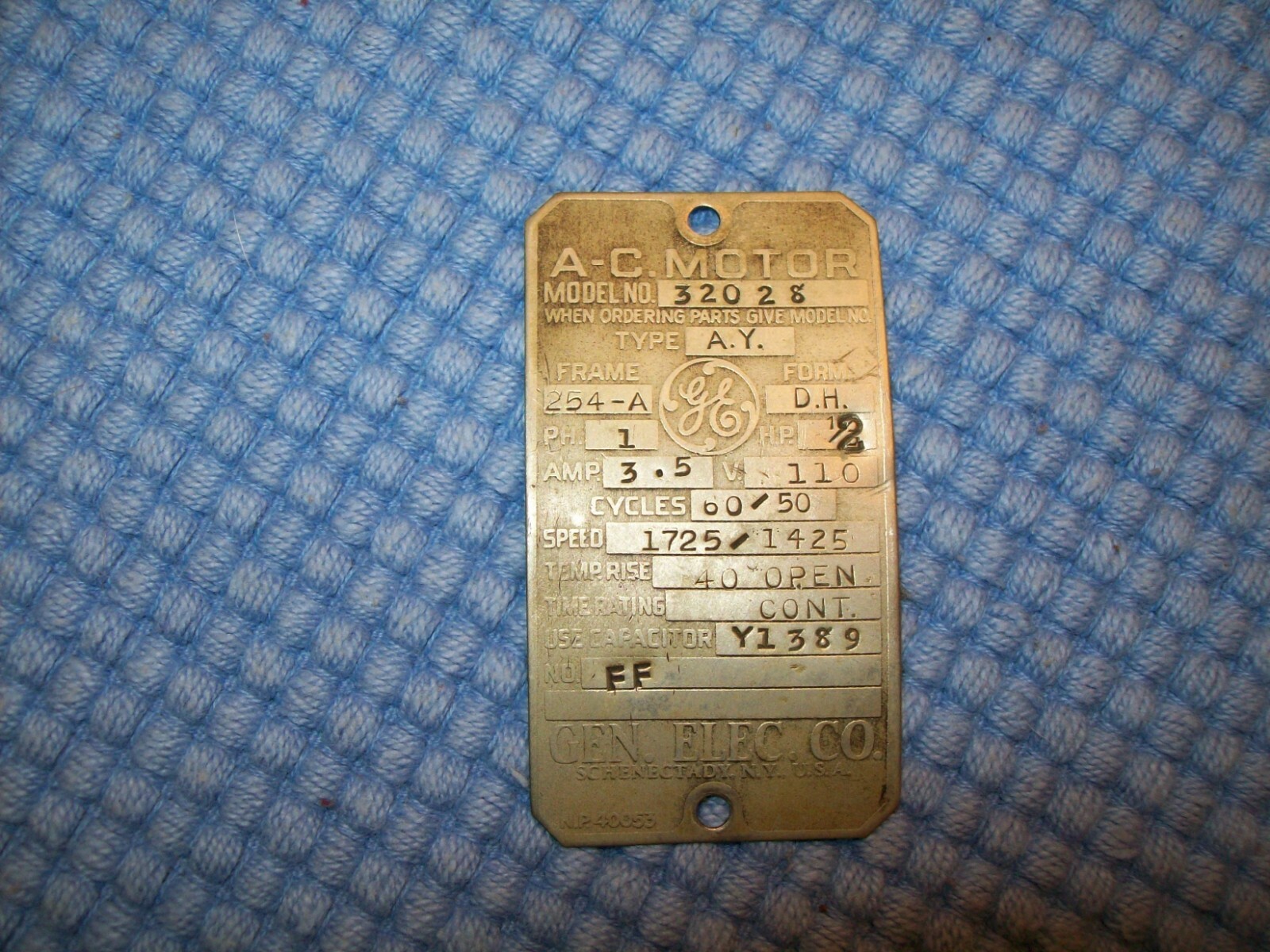 Brass General Electric #320-28 1/2 HP Motor Plate For Atlas Metal Turning Lathe 