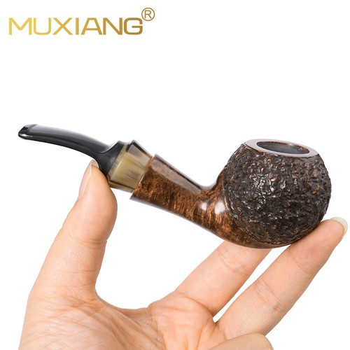 Geschnitzte Tabakpfeife Bruyère rustikal Smoking Pipe 9mm Filter gebogener Stiel Hornring - Bild 6 von 9