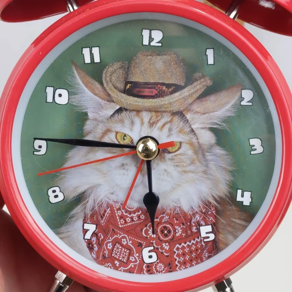Wacky Wakers Cowboy Cat Alarm Clock Red Meowing Kitty Novelty Twin Bell Retro - Image 2 of 4
