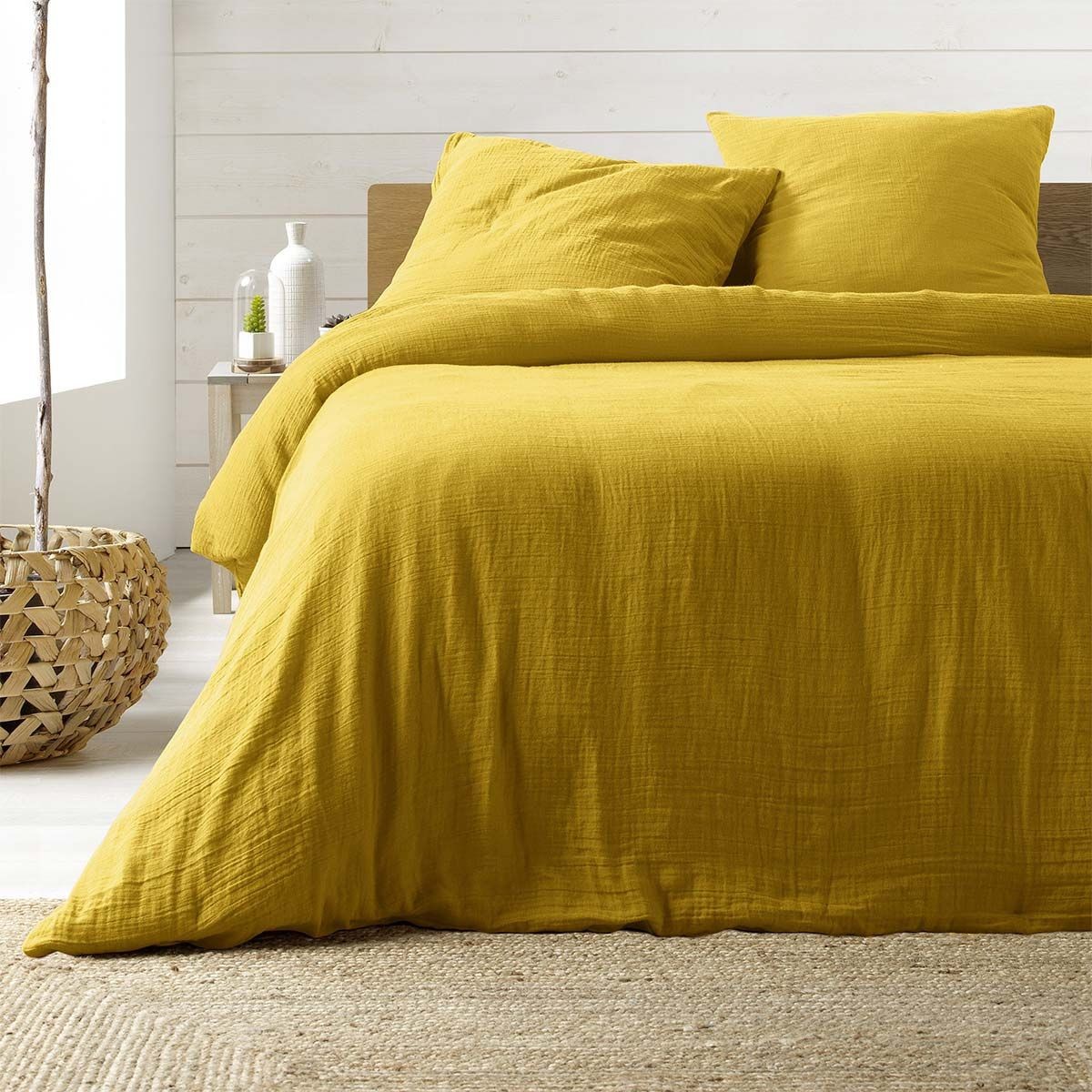 Parure de lit 240x220cm jaune Angelia en pur coton peigné haut de gamme