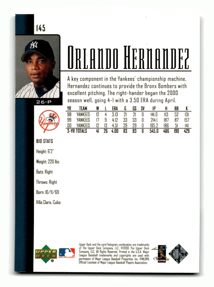 Orlando Hernandez 2001 Upper Deck #145 New York Yankees Mint - Image 2 of 2