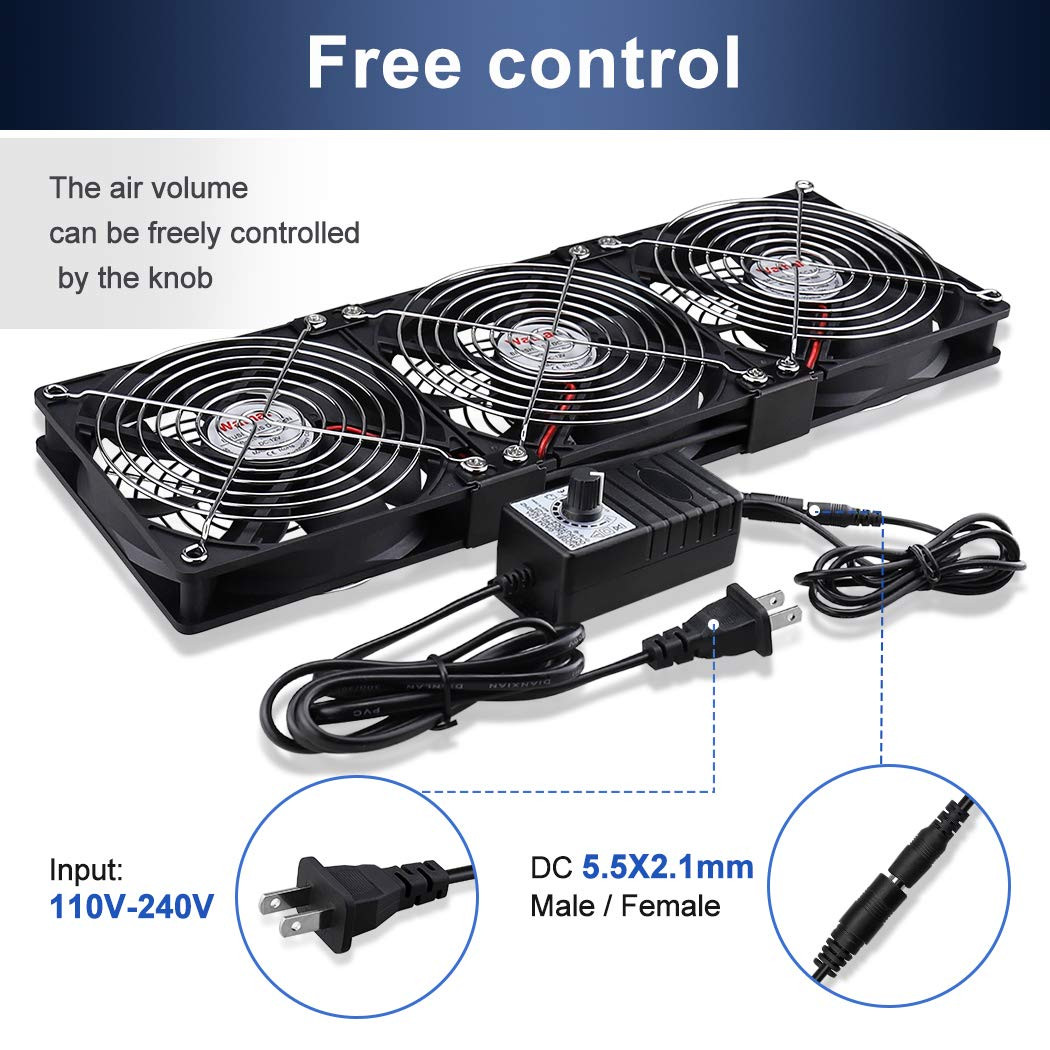 Dual Ball 3 x 120mm Computer Fan with AC Plug DC 12V Big Airflow Fans with 11...